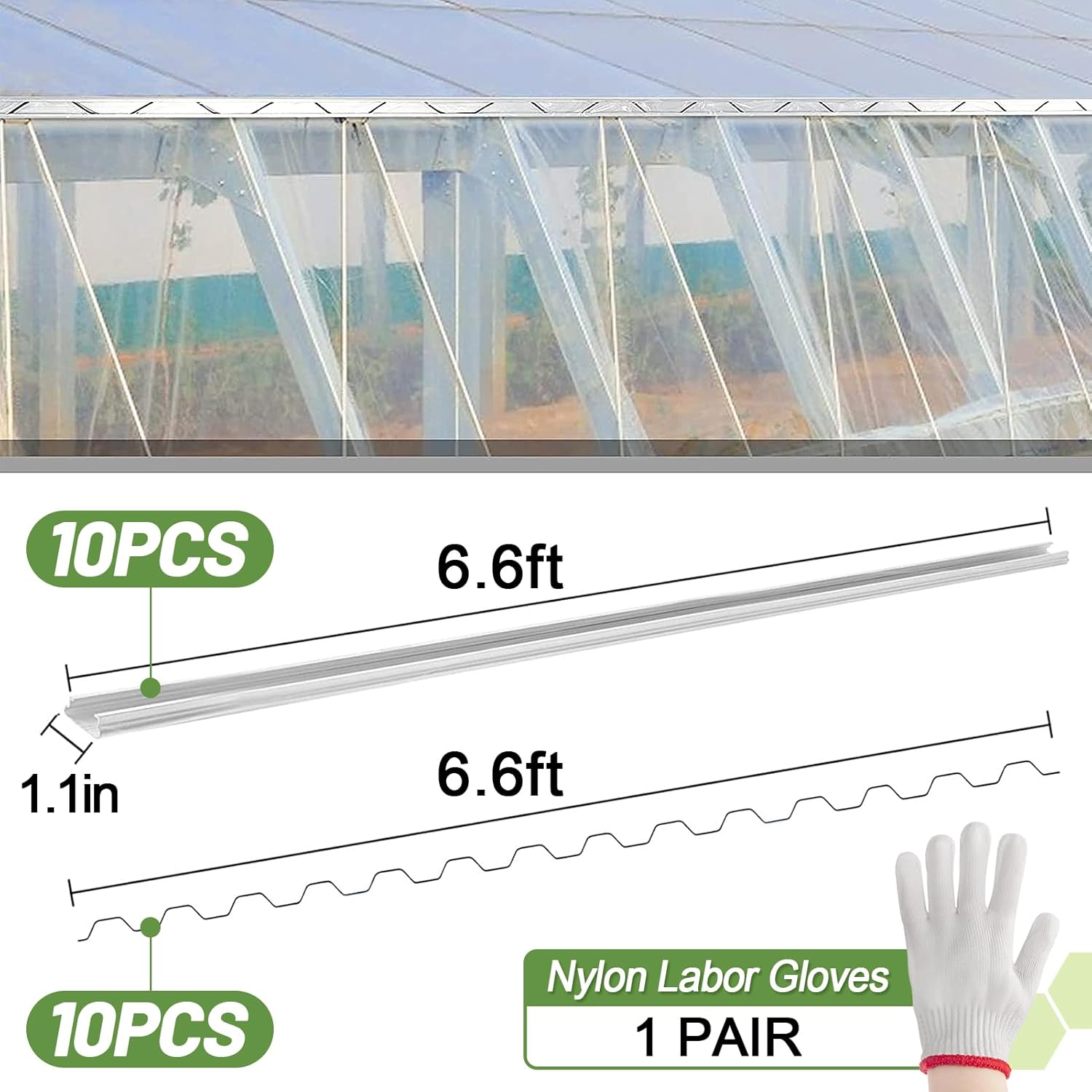 Greenhouse Spring Wire & Lock Channel - 10 Sets 6.6 ft PVC Coated Spring Wire & Aluminum Alloy U-Channel Bundle with Nylon Gloves for Fast Fix Poly Film Shade Cloth