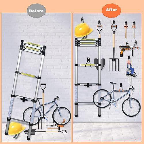Miniatura 7 de GUDEMAY Paquete de 32 ganchos de garaje, colgador de herramientas de acero resistente y organizador para almacenamiento de montaje en pared,