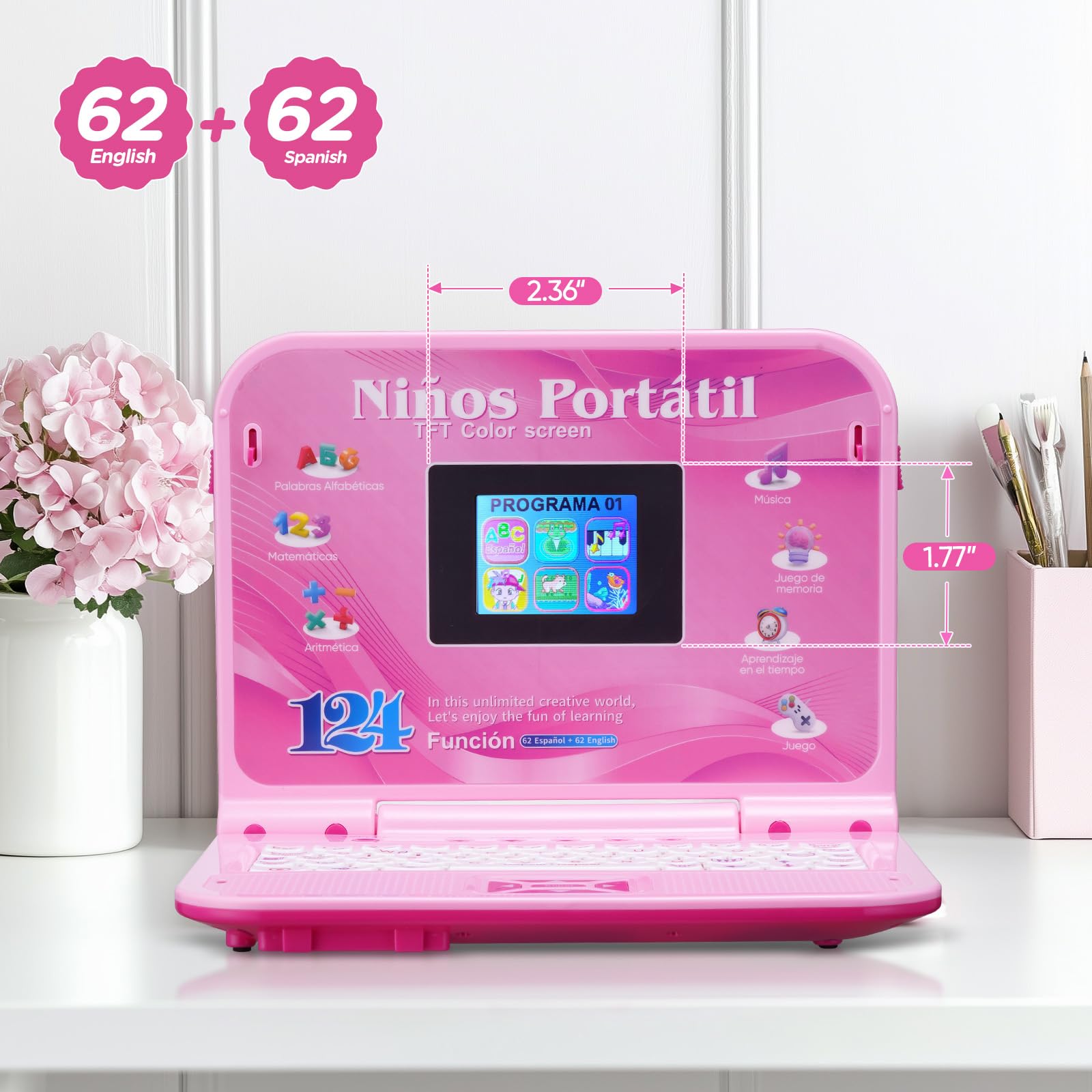 Kids Laptop, Color Screen Bilingual Laptop Spanish/English with 124 Learning Modes, Computer for Kids Ages 5+