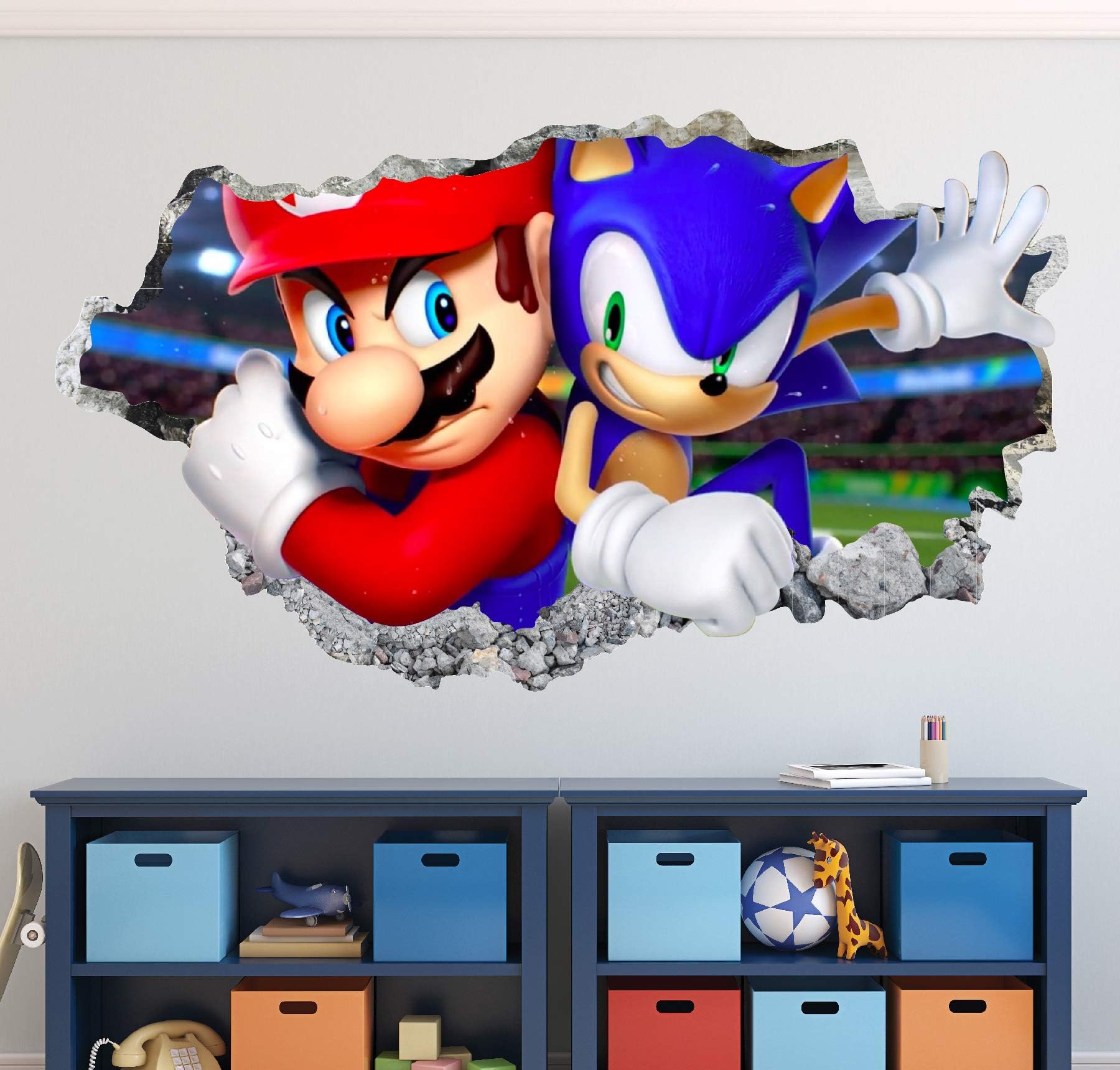 Sonic and Mario Bros Wall Decal Art Decor 3D The Hedgehog Smashed Sticker Kids Mural Poster Gift Custom HA24 (30" W x 18" H)