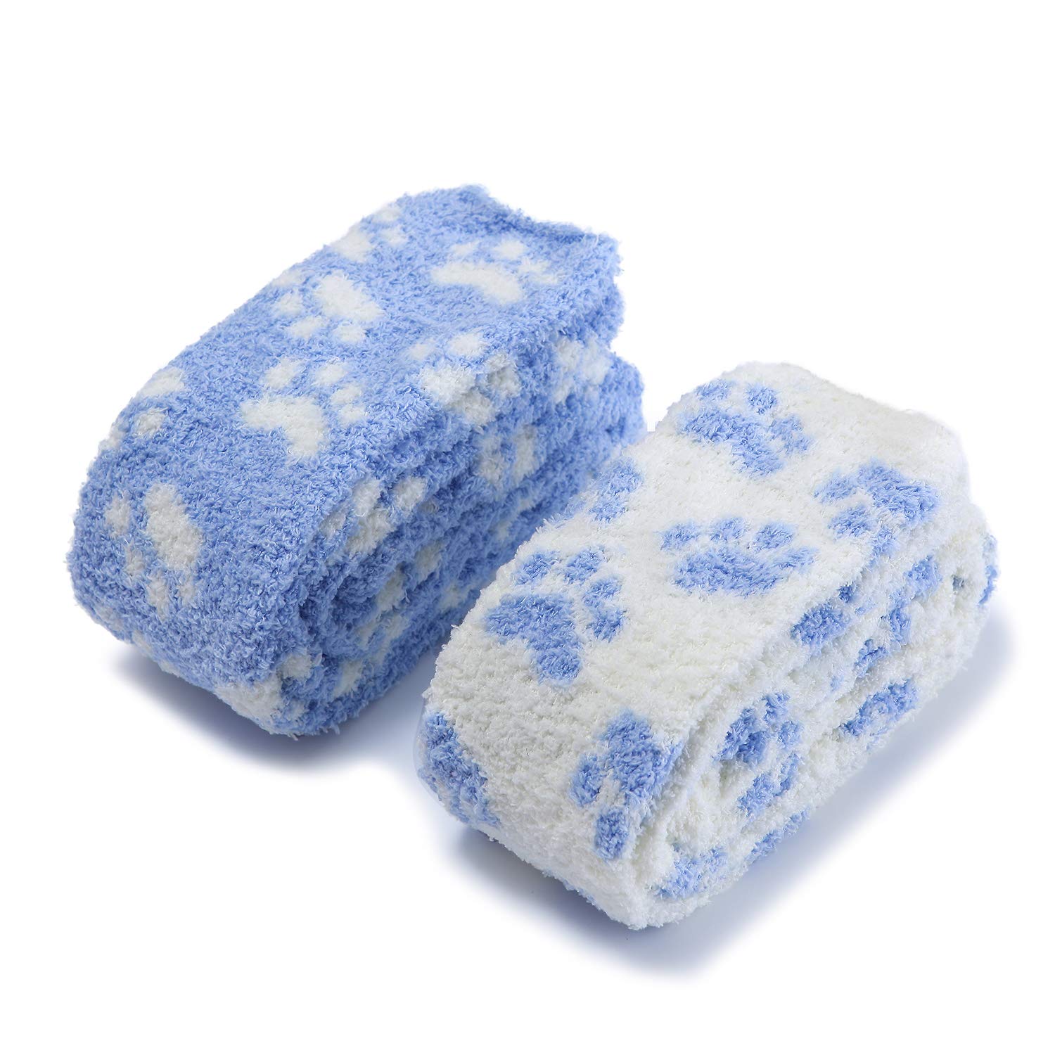 Littleforbig Cute Coral Fleece Thigh High Long Paws Pattern Socks 2 Pairs: Large Blue