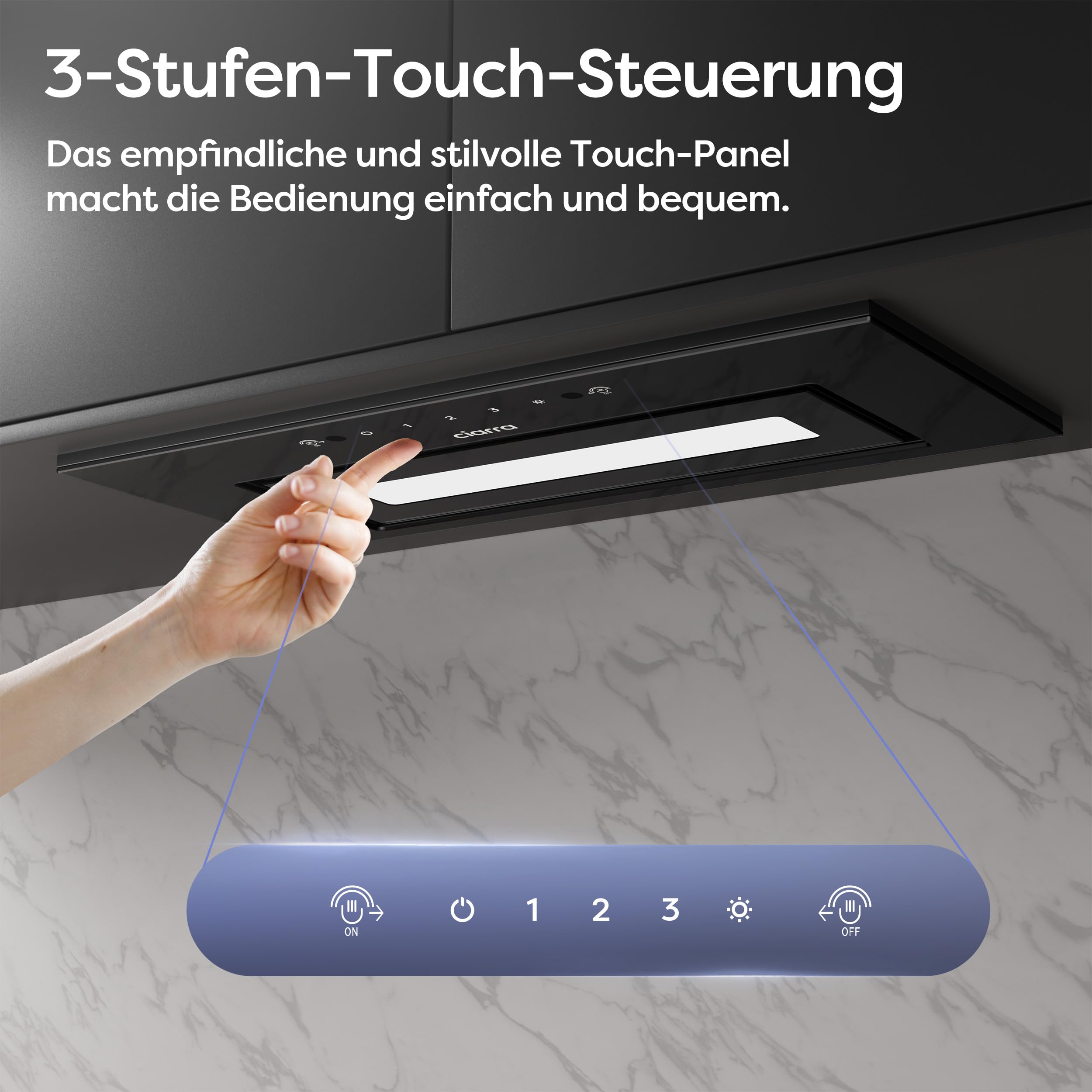 CIARRA CBCB6931B Einbau Dunstabzugshaube 60 cm Abluft Umluft 460 m³/h Sensor Touch-Bedienung Kohlefilter 3 Leistungsstufen Schwarz