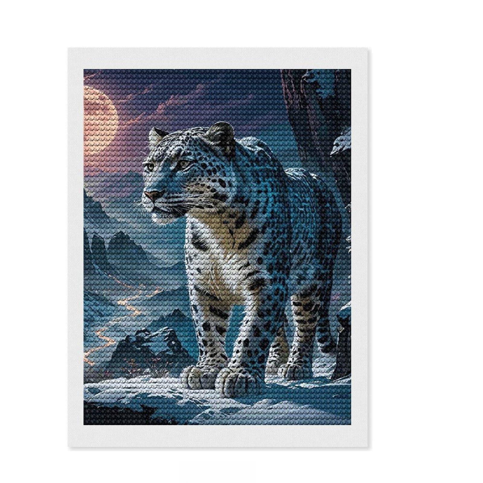 Junmoney Snow Leopard Under Moonlight Diamond Art Canvas 12"x16", Relaxing DIY Hobby, Satisfying Creative Project, Farmhouse Decor, for Women