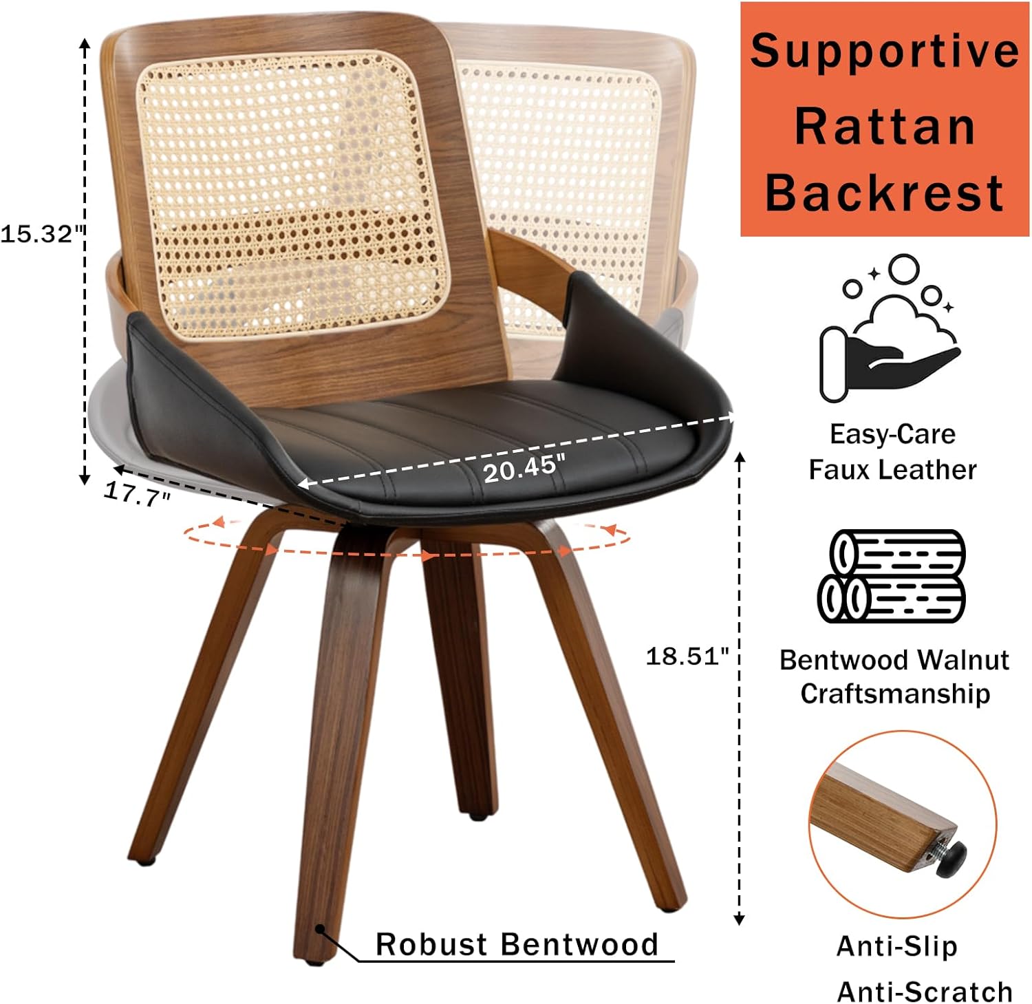 Home Office Desk Chair with Ergonomic Rattan Backrest, Walnut Crafts, Curved Arms, Faux Leather, Wooden Legs, Computer Chair for Desk Work, Executive Task, Conference Room - Black