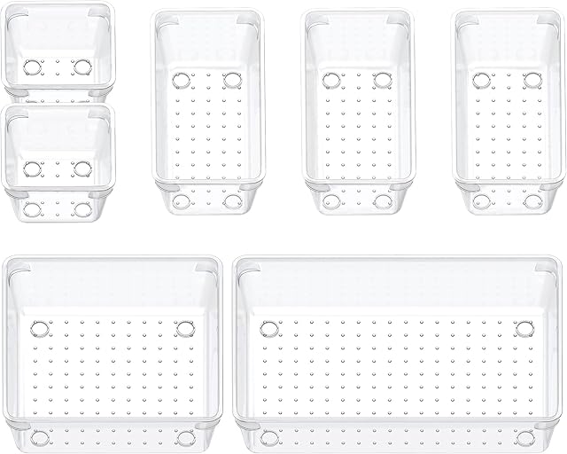 HEETA Set of 7 Desk Drawer Organiser Trays with Non-Slip Silicone Pads, 4-Size Clear Plastic Storage Boxes Divider for Makeup, Jewelries, Utensils in Bedroom Dresser, Office and Kitchen(Transparent)