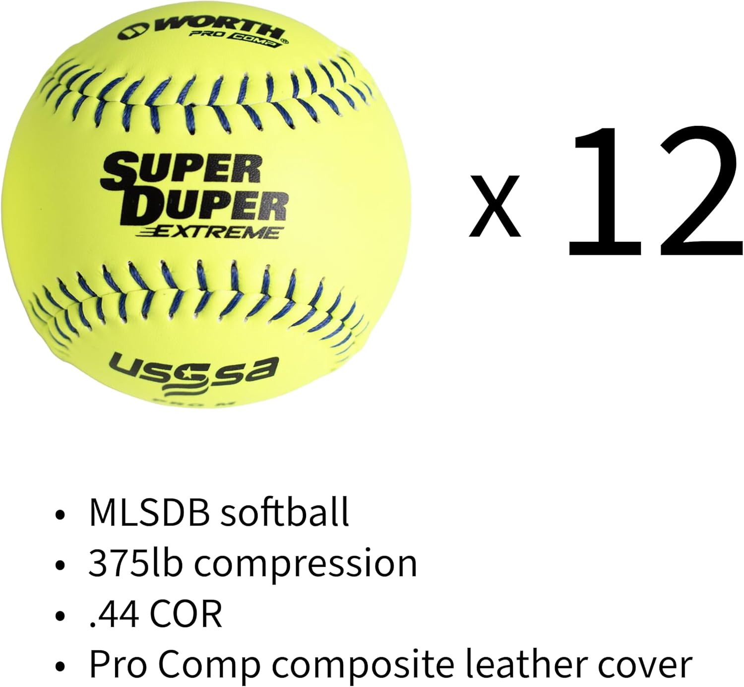 Worth | Slowpitch Softballs | USSSA Approved | Super Duper Extreme Pro Comp Multi-Layer | Navy Stitch | 11" | 12 Count