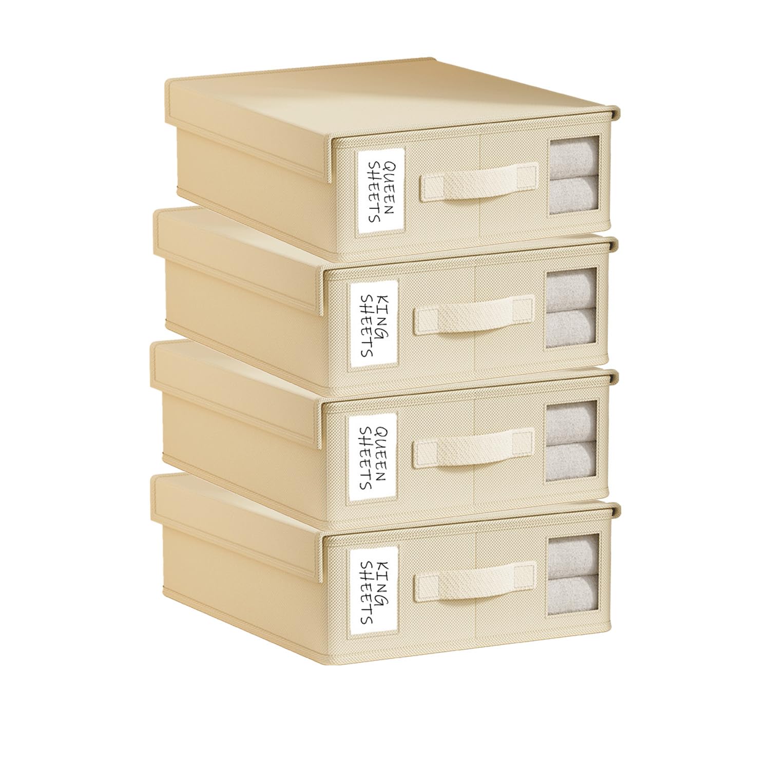 Tuza 4 Pack Bed Sheet Organizers and Storage, Foldable Linen Closet Organizer (Queen & King Size), Sheet Set Organizers with Window, Bedding Storage Box for Bedsheets, Duvet Covers and Blanket, Beige