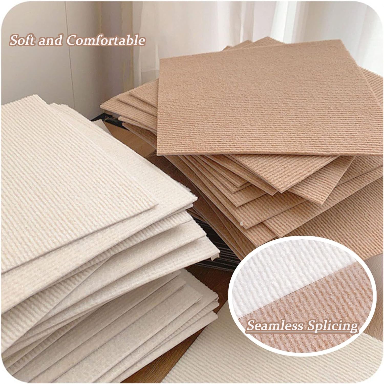 Losetas de alfombra autoadhesivas 14 piezas Losetas de alfombra autoadhesivas, despegar y pegar, baldosas de alfombra de empalme sin costuras de dos colores antideslizantes 50 cm(Beige*6+light Gray*6)