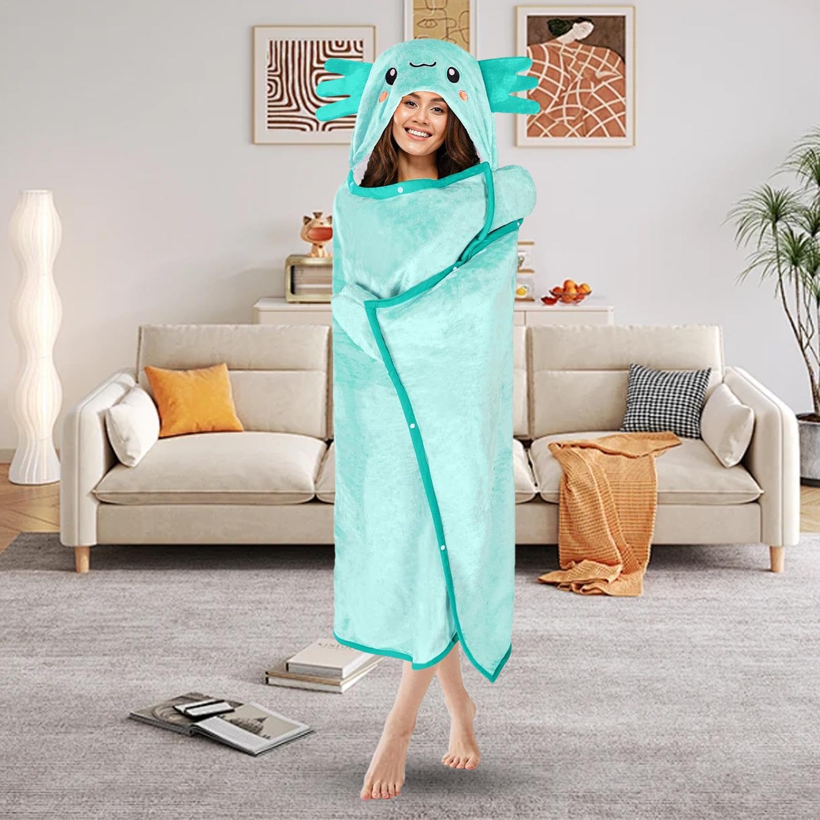 Coperta indossabile con cappuccio, coperta in felpa, indossabile, calda e accogliente, coperta per dormire con cappuccio, per adulti e bambini
