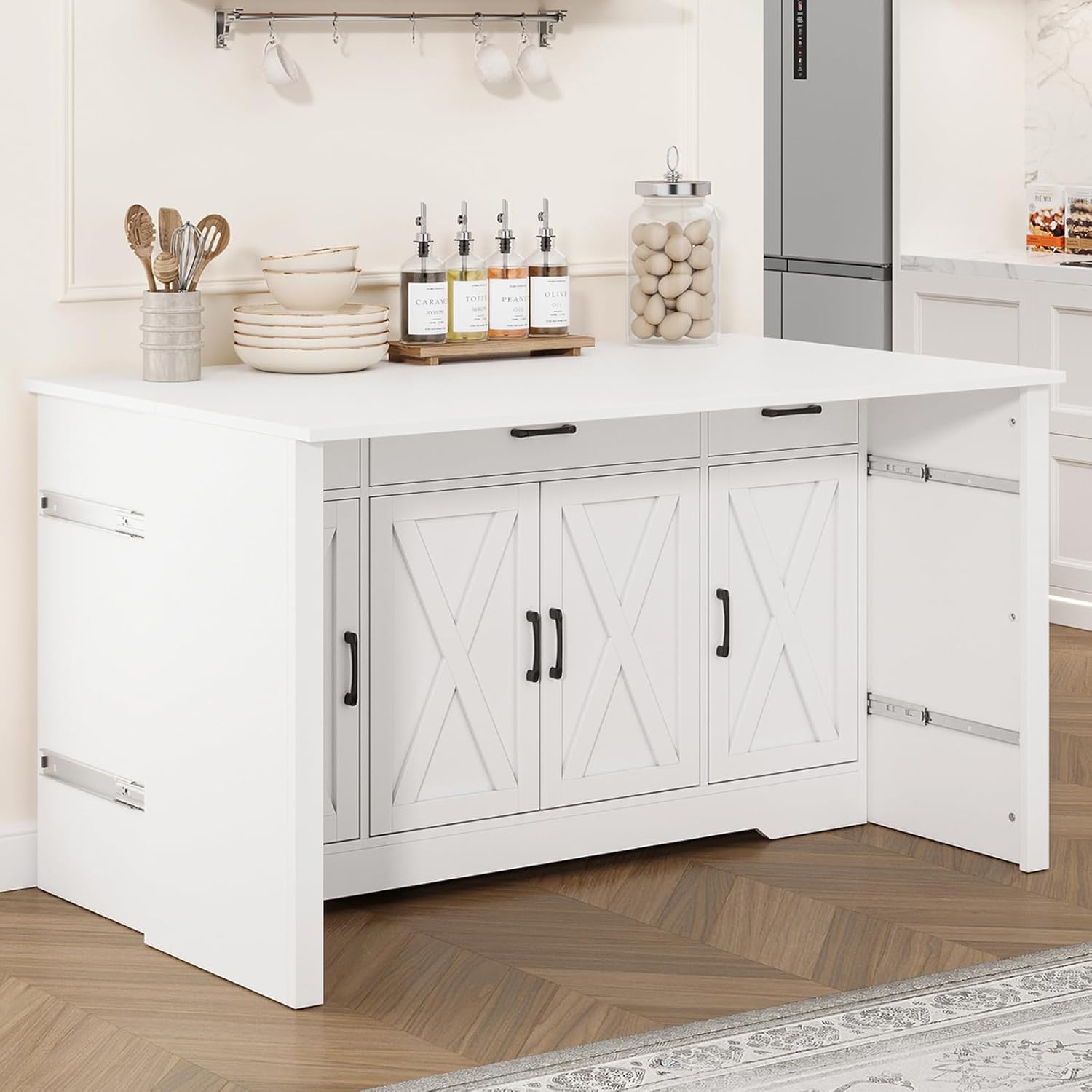 55" Farmhouse Sideboard Buffet Cabinet with Expandable Tabletop & Sliding Side Panel, 2-in-1 Wood Credenza Storage Cabinet with 3 Drawers & Adjustable Shelves, for Kitchen Living Room, White