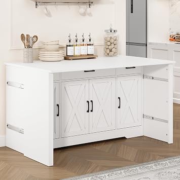 55" Farmhouse Sideboard Buffet Cabinet with Expandable Tabletop & Sliding Side Panel, 2-in-1 Wood Credenza Storage Cabinet with 3 Drawers & Adjustable Shelves, for Kitchen Living Room, White