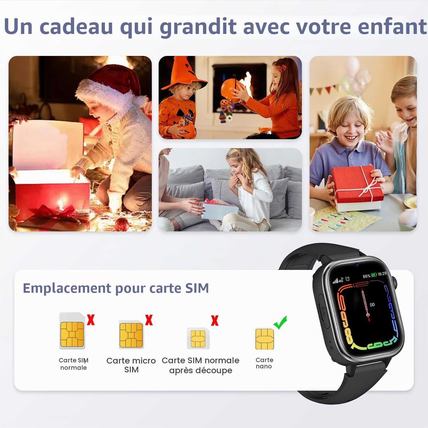 4G Montre Connectée Enfant avec GPS et Visiophonie, Smartwatch Enfants avec Appels, Chat Vocal, SOS, Mode École, Étanchéité IP68, Podomètre, Réveil, Cadeau pour Filles et Garçons de 4 à 15, Noir