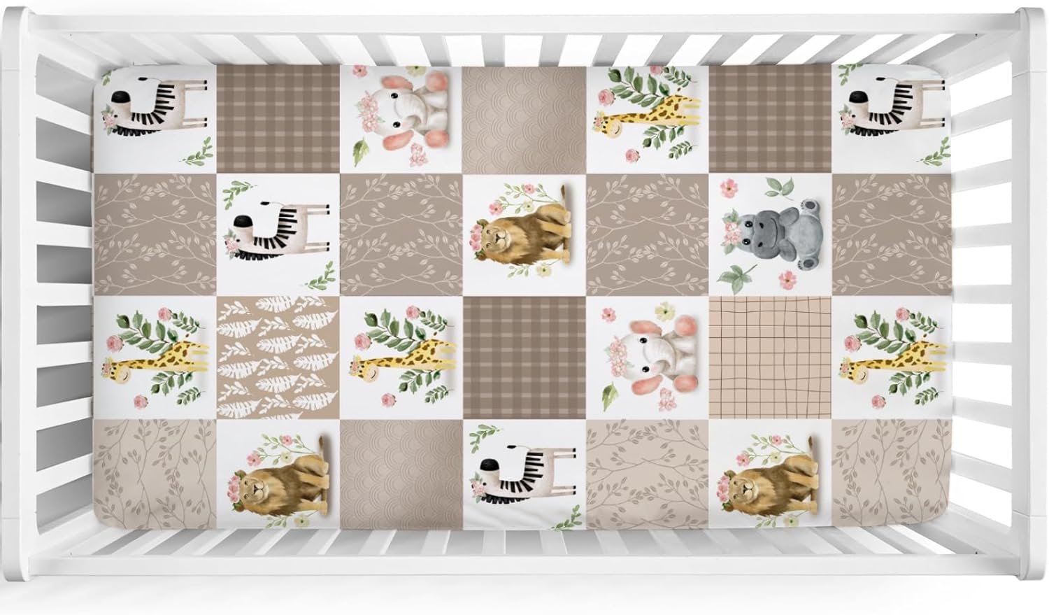 Baby African Safari Animals Crib Sheets 52''x28'' Lion Elephant Giraffe Hippo Zebra Floral Leaves Stretchy Fitted Crib Mattress Cover for Boy Girl Soft Baby Sheets for Standard Crib Toddler Mattress