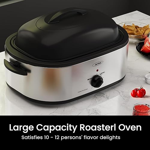 Miniatura 6 de Horno asador eléctrico de 22 cuartos con bandeja extraíble y tapa autohilvanado, perfecto para asar pavos con control de temperatura de 150 a 450 F