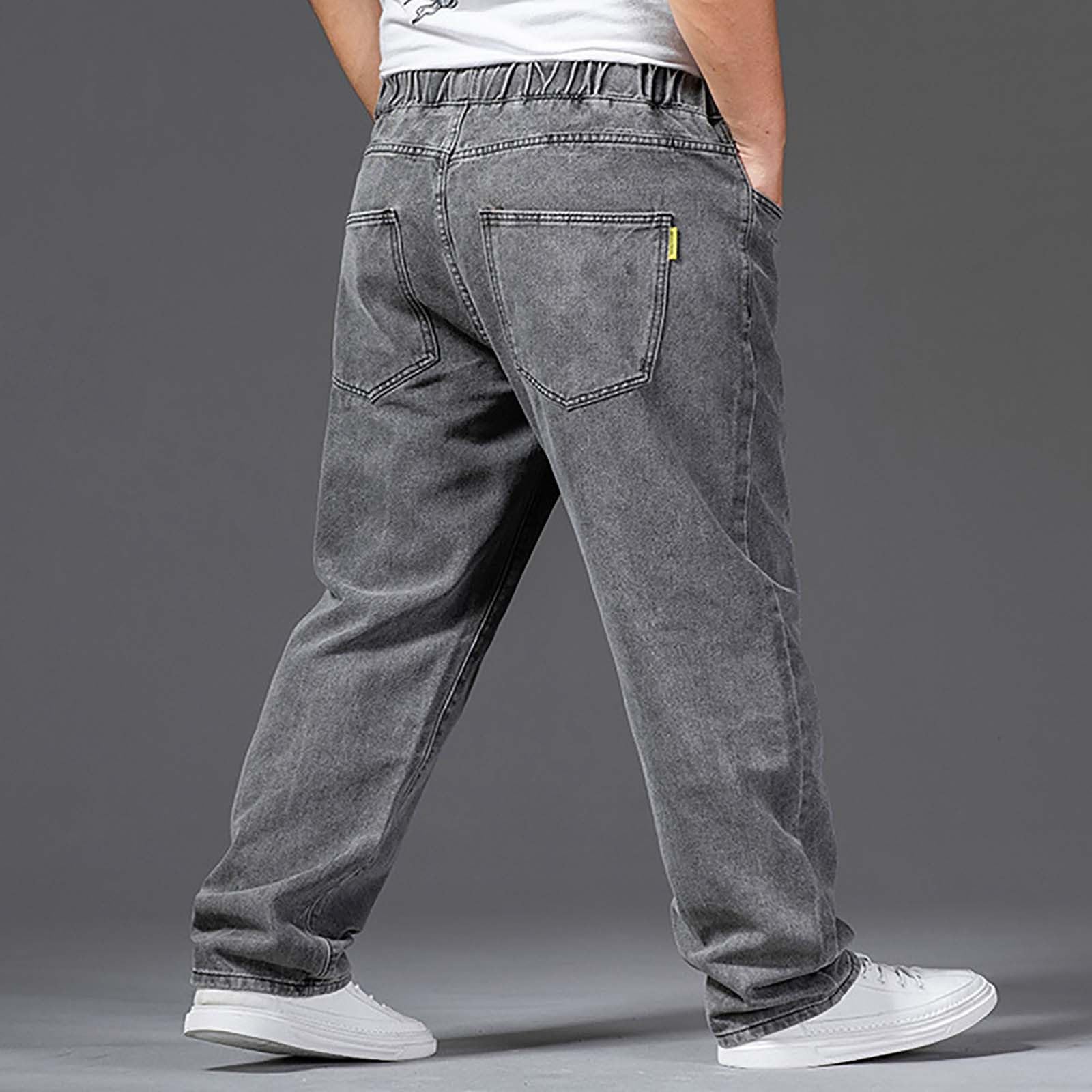 Jeans da uomo elasticizzati con tasche laterali, jeans da uomo, vestibilità comoda, in denim, in vita elasticizzata, con gamba larga, jeans alla moda, con coulisse e tasche