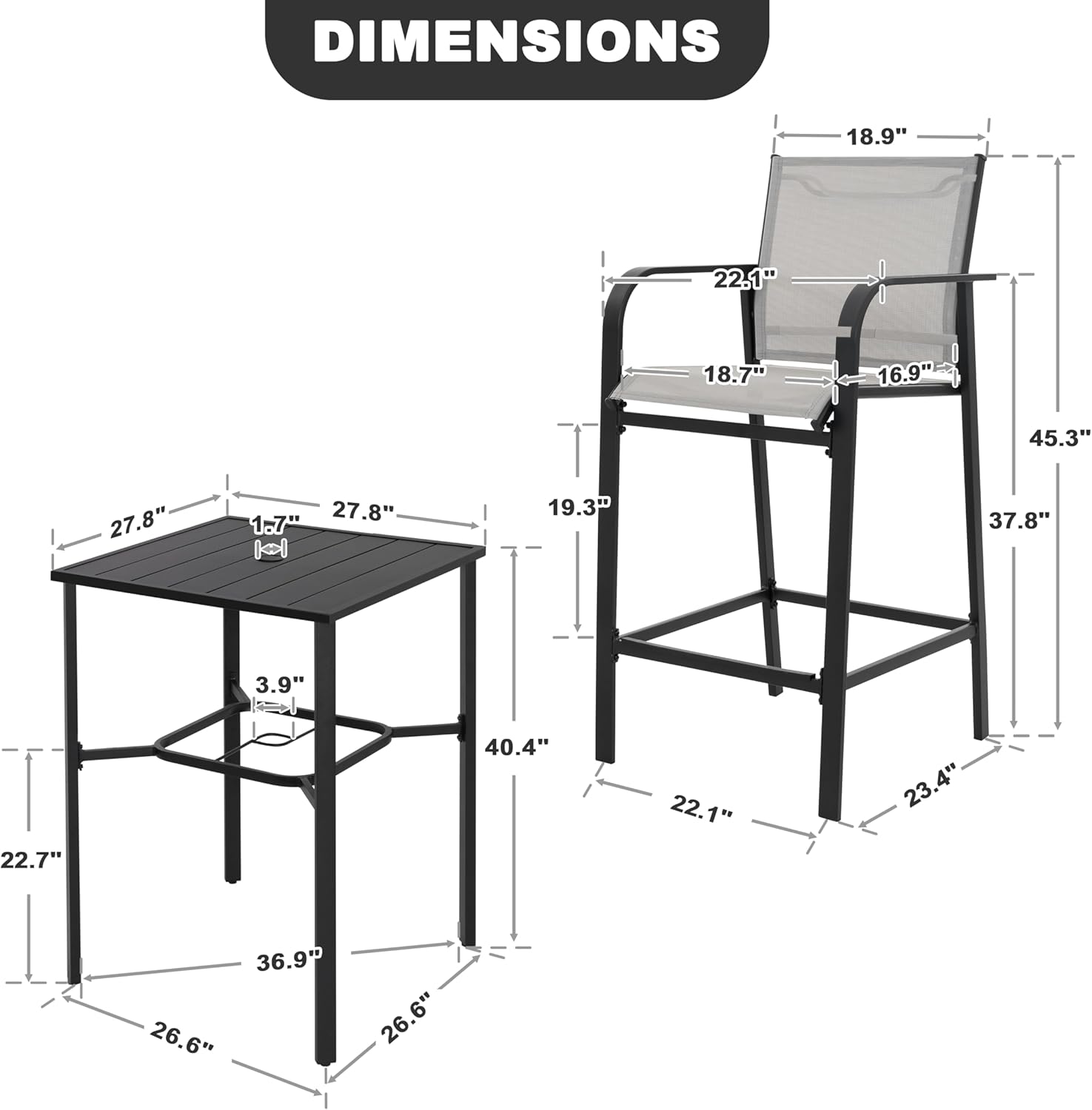 NUU GARDEN 5 Piece Outdoor Patio Bar Set, Textilene High Bar Stools, Square Bar Table with Slatted Tabletop and Umbrella Hole for Patio, Garden, Sunroom, Backyard and Balcony, Light Gray and Black