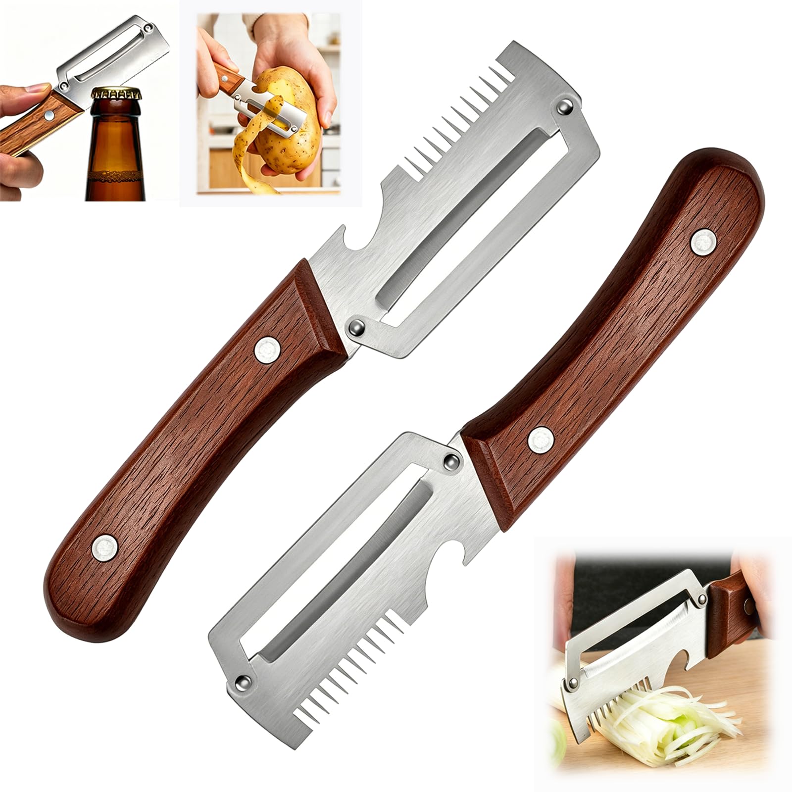 Photo 1 of 2PCS Multi-Functional Vegetable Peeler for Kitchen with Wooden Handle and Bottle Opener, 3 in 1 Stainless Steel Green Onion Slicer Kitchen Gadgets Tool for Fruit Veggie Potato Pumpkin Apple Carrot
