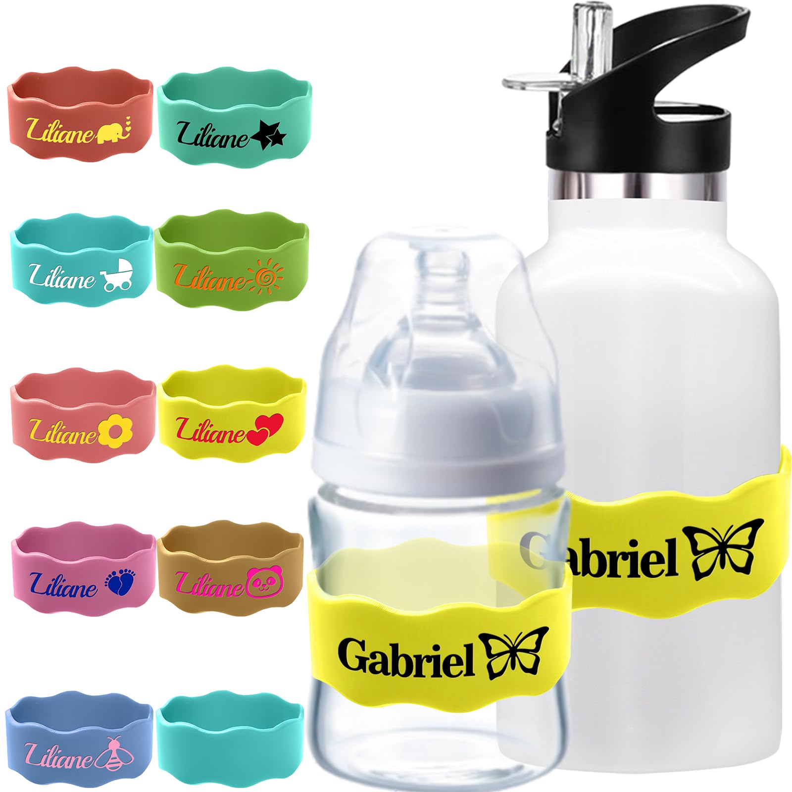 Custom Baby Bottle Labels for Daycare Personalized Silicone Water Bottle Name Tags Bands Customized Waterproof Reusable Bottle Grip Straps for Boys