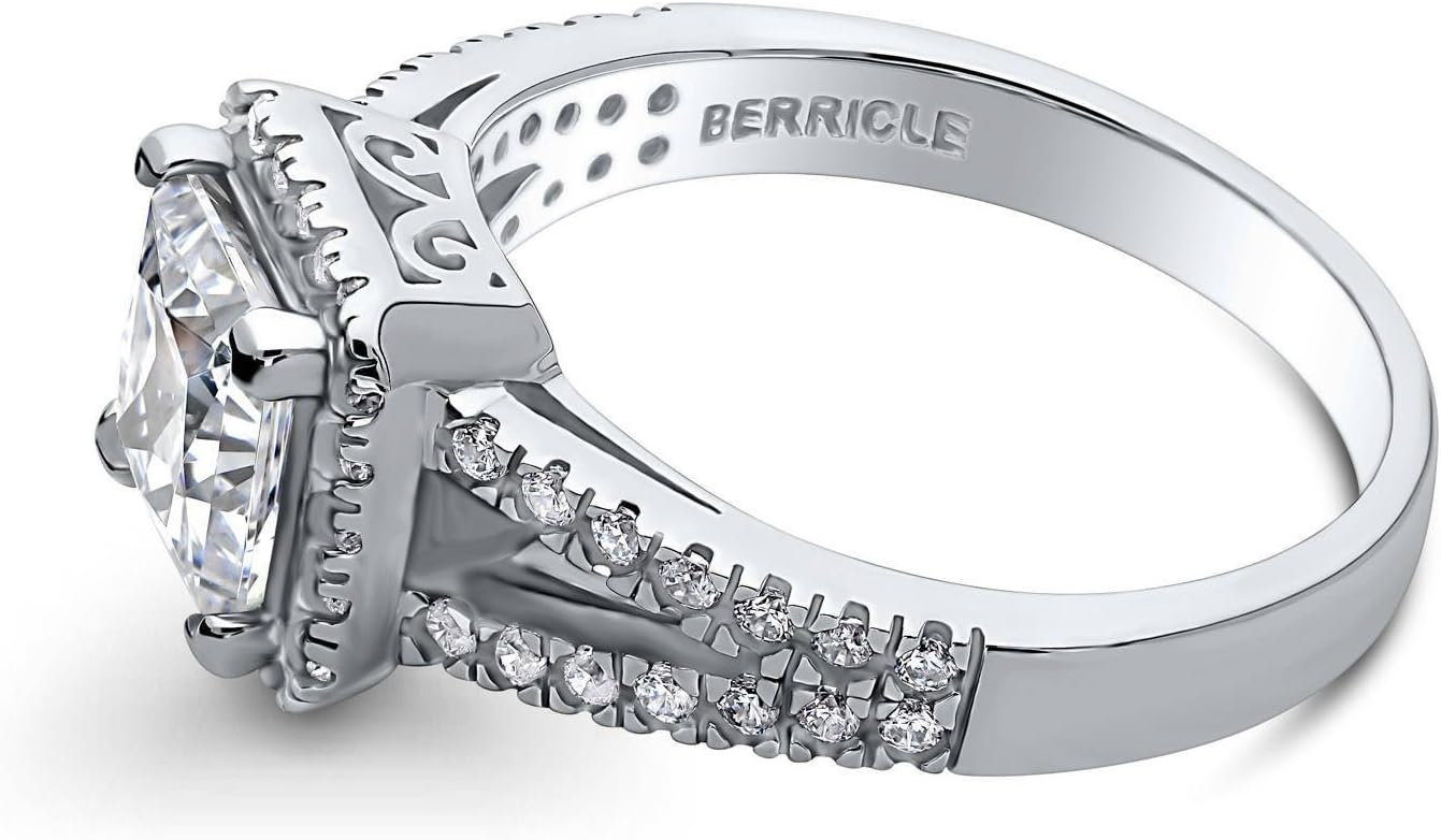 BERRICLE Sterling Silver Halo Wedding Engagement Promise Rings Split Shank Ring for Her, Princess Cut Cubic Zirconia CZ