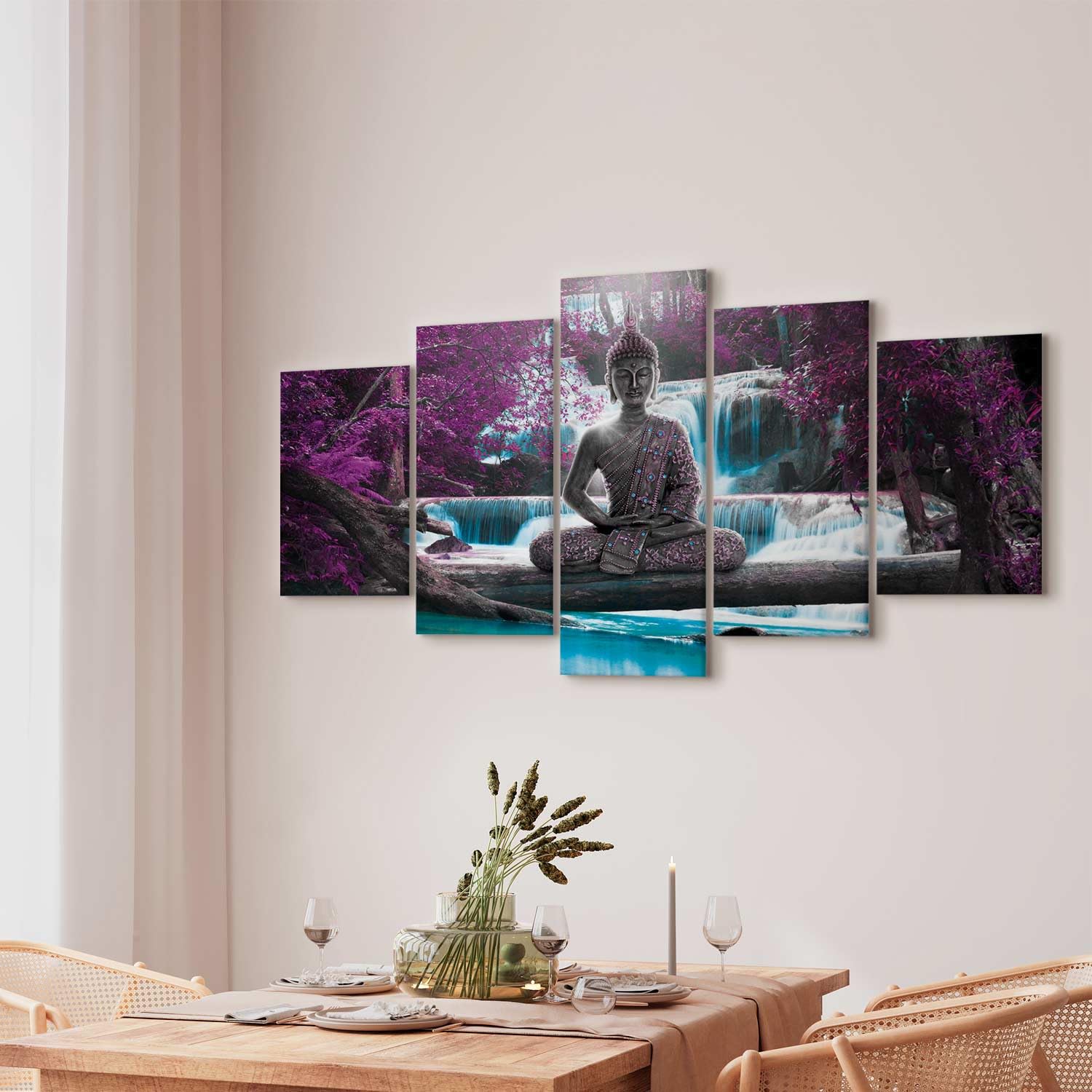 Cuadros B&D XXL - Cuadro en Lienzo Buda 200x100 cm 5 Piezas Grande Cuadros decorativos Decoracion Decorativo para Pared salon modernos dormitorios Oriente Zen Cascada c-A-0021-b-o