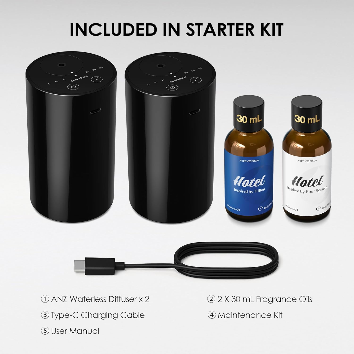 無水エッセンシャルオイルディフューザースターターキット 30mlホテルの香りのフレグランスオイル2個付き 電池式 香り エアマシン