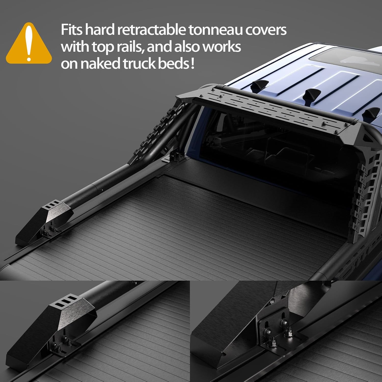 Heavy-Duty Roll Bar for Tacoma, Ranger, Colorado, Canyon, Frontier – Adjustable, No-Drill Installation | Light Mount Ready | Compatible with Retractable Tonneau Covers with Rails