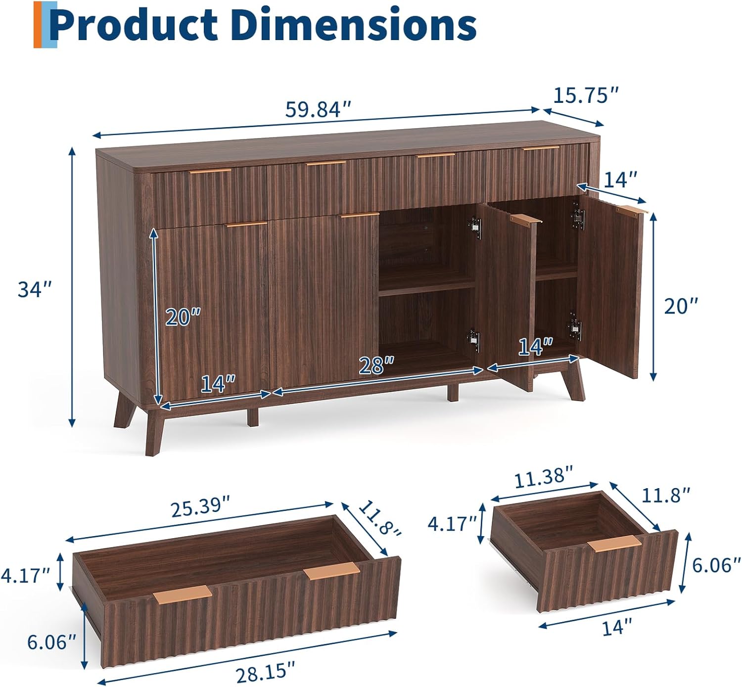 Garvee 60" Large Fluted Buffet Sideboard Cabinet with Drawers, Modern Farmhouse Buffet Storage Cabinet with Adjustable Shelves and Doors, Wood Coffee Bar Station Kitchen Console Table for Dining Room