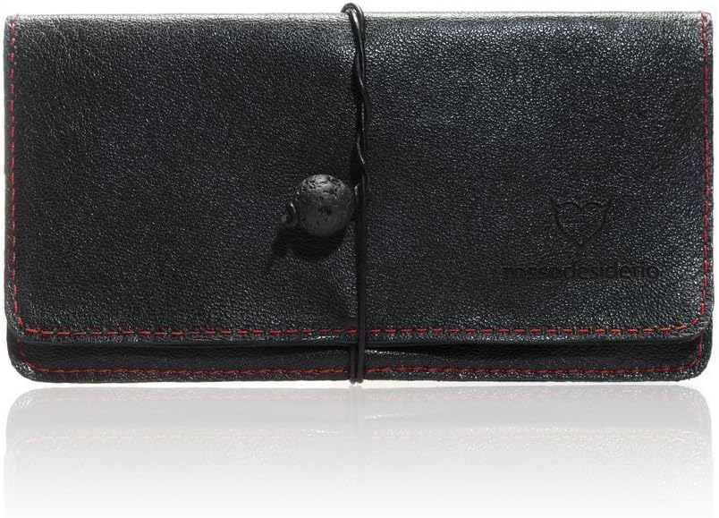 black leather tobacco pouch with red stitching, case, bag, with strap and lava stone, italian handmade product with Italian genuine leather - present ideas - unisex
