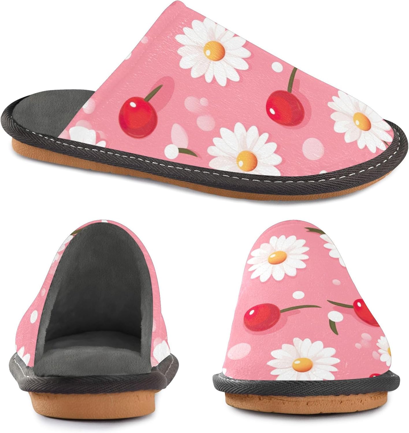 Daisy Flower Cherry House Slippers – Cozy Fuzzy Slippers for Guests, Washable & Disposable, Perfect for Shoeless Home, Spa & Hotel Use A110822