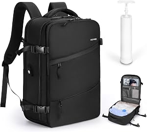 HOMIEE Travel Laptop Backpack with Vacuum Bag and Hand Pump, Flight Approved Carry-On Backpack 15,6" Laptop Backpack, Anti-theft Travel Backpack with USB Charging Port, Unisex Luggage Backpack, Black