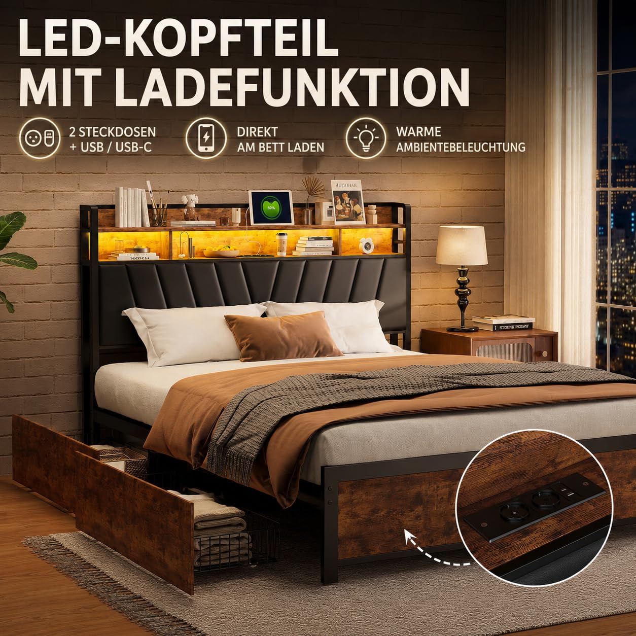 Doppelbett 180x200 cm Metall Holz 4 Schubladen App LED USB Steckdose Bett