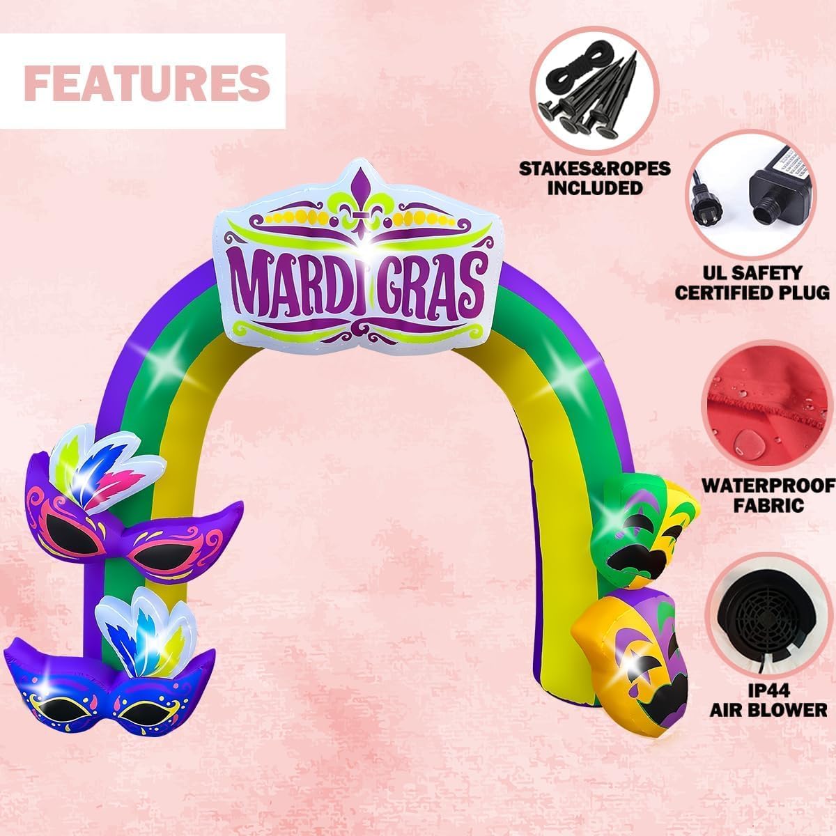 BLOWOUT FUN 9 FT Mardi Gras Inflatable Arch with Mask Decoration Blow Up Mardi Gras Archway Built-in LED Lights for Carnival Party Yard Decor