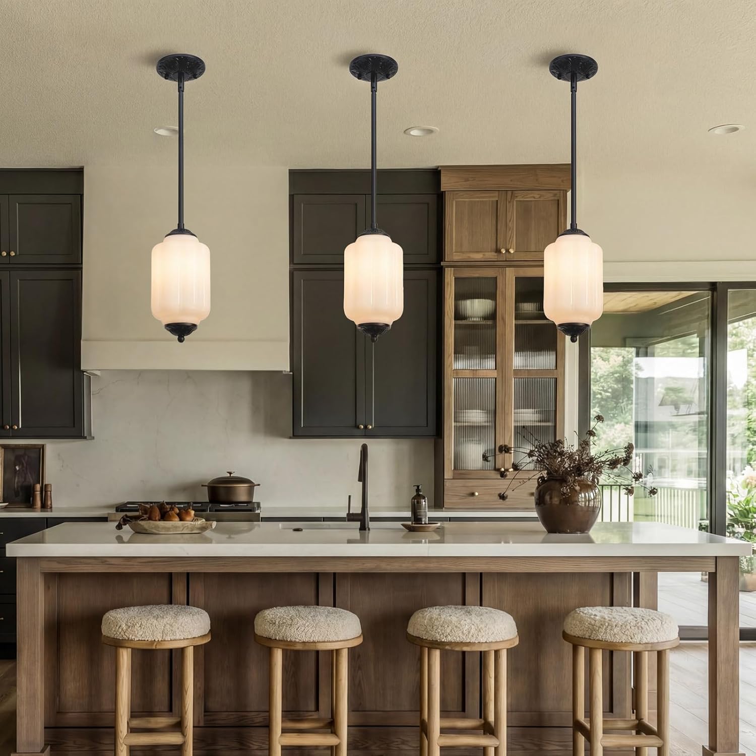 Farmhouse Pumpkin Pendant Light Vintage Milk Glass Shade, Brass Color Adjustable Canopy, Retro Industrial Glass Ceiling Light Fixture for Dining Room, Entryway，Kitchen Island (Black White)