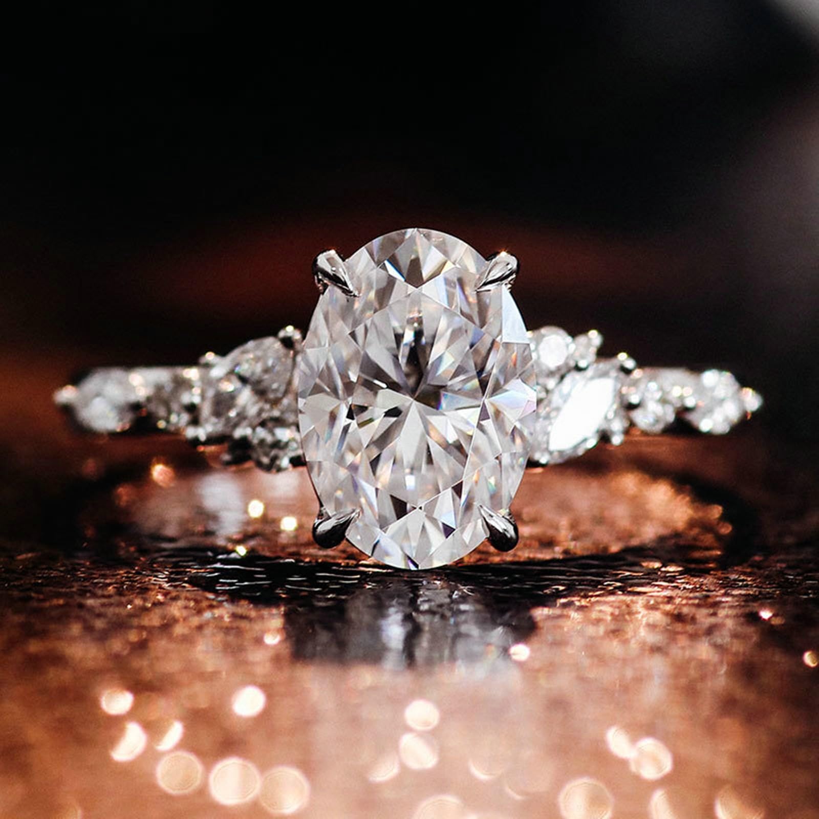 Set di anelli di fidanzamento, da donna, con moissanite ovale bianca, in oro bianco 18 carati, misura 45 (14,3)