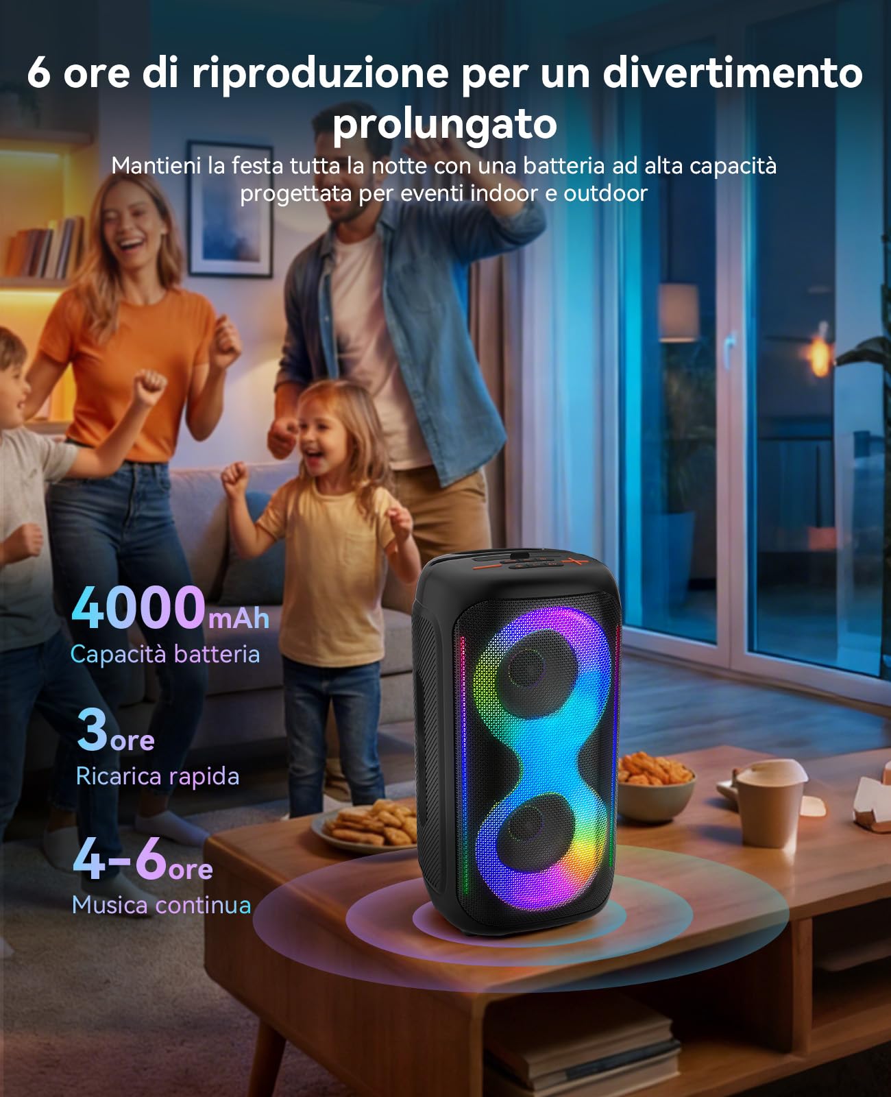 GKD40 Macchina Karaoke Portatile per Bambini e Adulti, Altoparlante Bluetooth con Sistema PA, 2 Microfoni Wireless Ricaricabili, Speaker da Festa con LED e Woofer 4" per Casa, Canto e Feste All'aperto