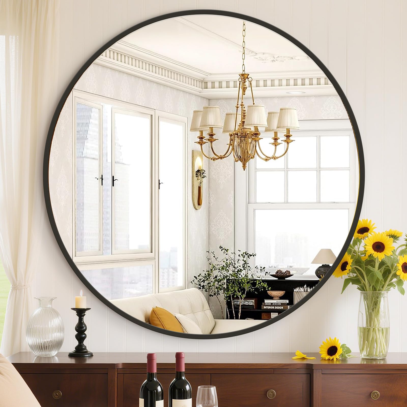 Sweetcrispy 36in Black Round Bathroom Mirrors for Wall, Bathroom Mirrors for Over Sink, Wall Decor for Bathroom, Entryway, Bedroom, Vanity