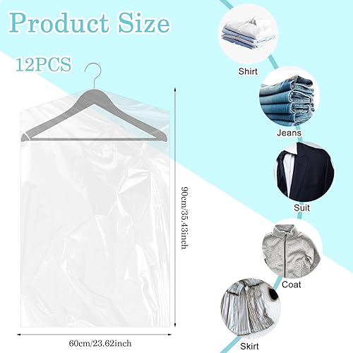 Vista 10 de cobee Bolsas de ropa para colgar ropa de 23.6 x 59.1 in, 12 paquetes de bolsas de plástico para tintorería, fundas protectoras de ropa a prueba