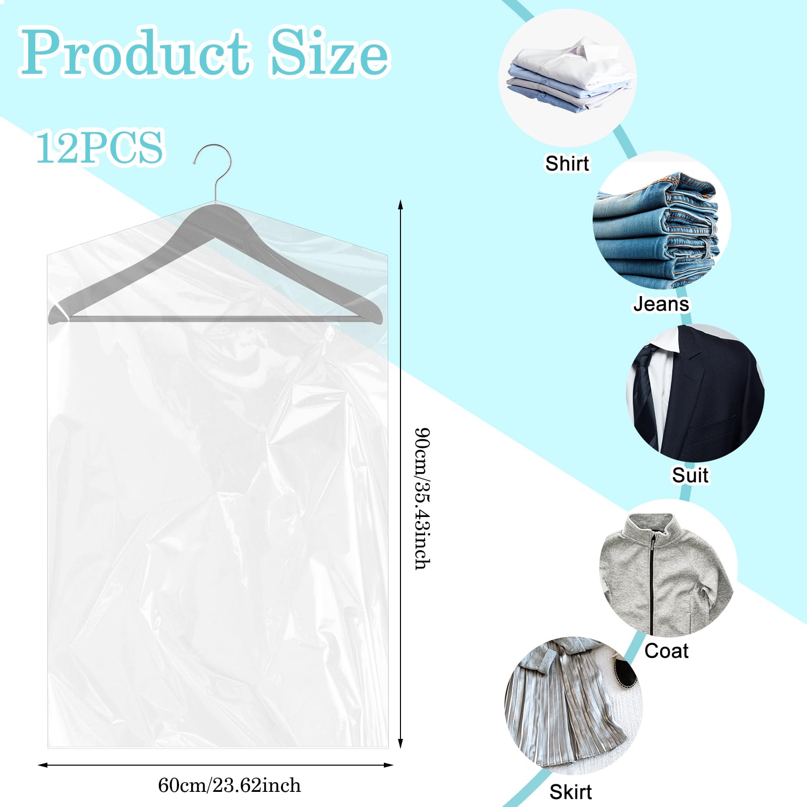 cobee 60x90 cm Garment Bags for Hanging Clothes, 12 Packs Plastic Dry Cleaner Bags, Hanging Dust-Proof Clothing Protector Covers for Long Dresses, Suit, Coat Closet Clothes Storage