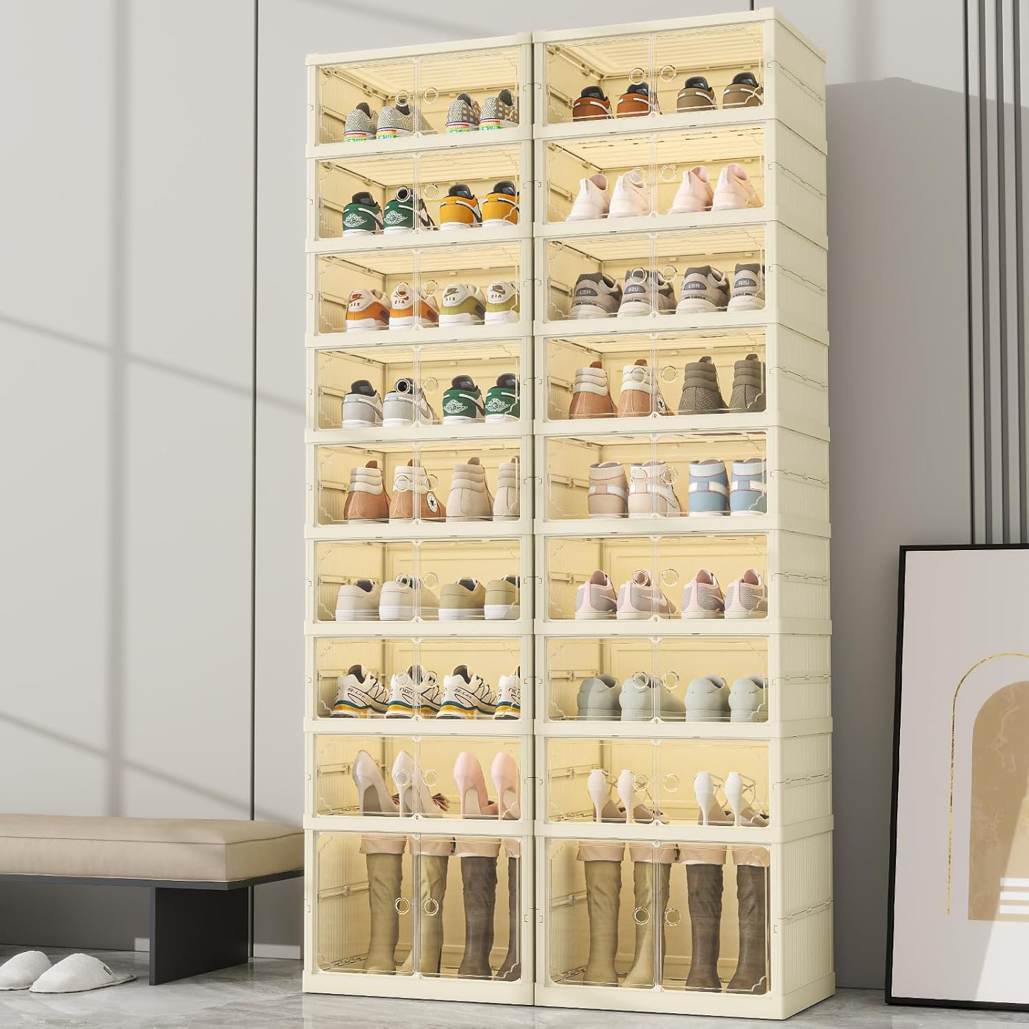 9-stufiger faltbarer Schuhregal-Organizer für Schrank mit Rollen, 36 Paar zusammenklappbares Schuhregal aus Kunststoff, transparente stapelbare Schuhkartons für den Eingangsbereich vor der Haustür