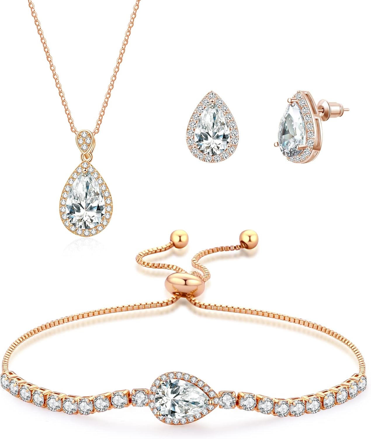 DHQH Cubic Zirconia Teardrop Necklace and Earring Set for Wedding with Crystal Link Bracelet Bridesmaids Jewelry Sets for Women Wedding Party Jewelry for Bridal Bridesmaid