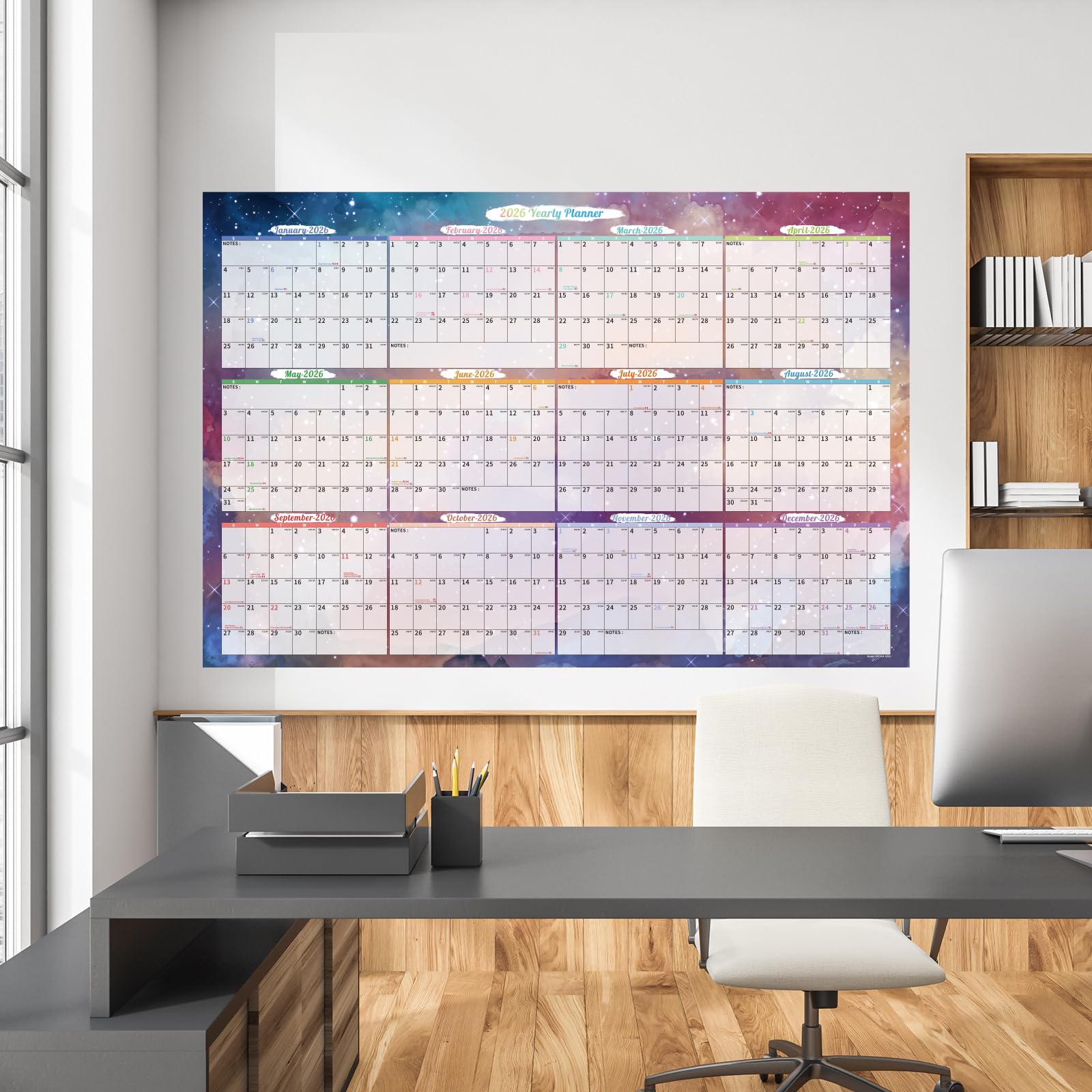 Ospelelf Calendario da parete 2026, grande, 81 x 122 cm, cancellabile a secco, laminato calendario da parete, calendario 2 annuale per la famiglia, uso da gennaio 2026 a dicembre 2027 (cielo stellato)