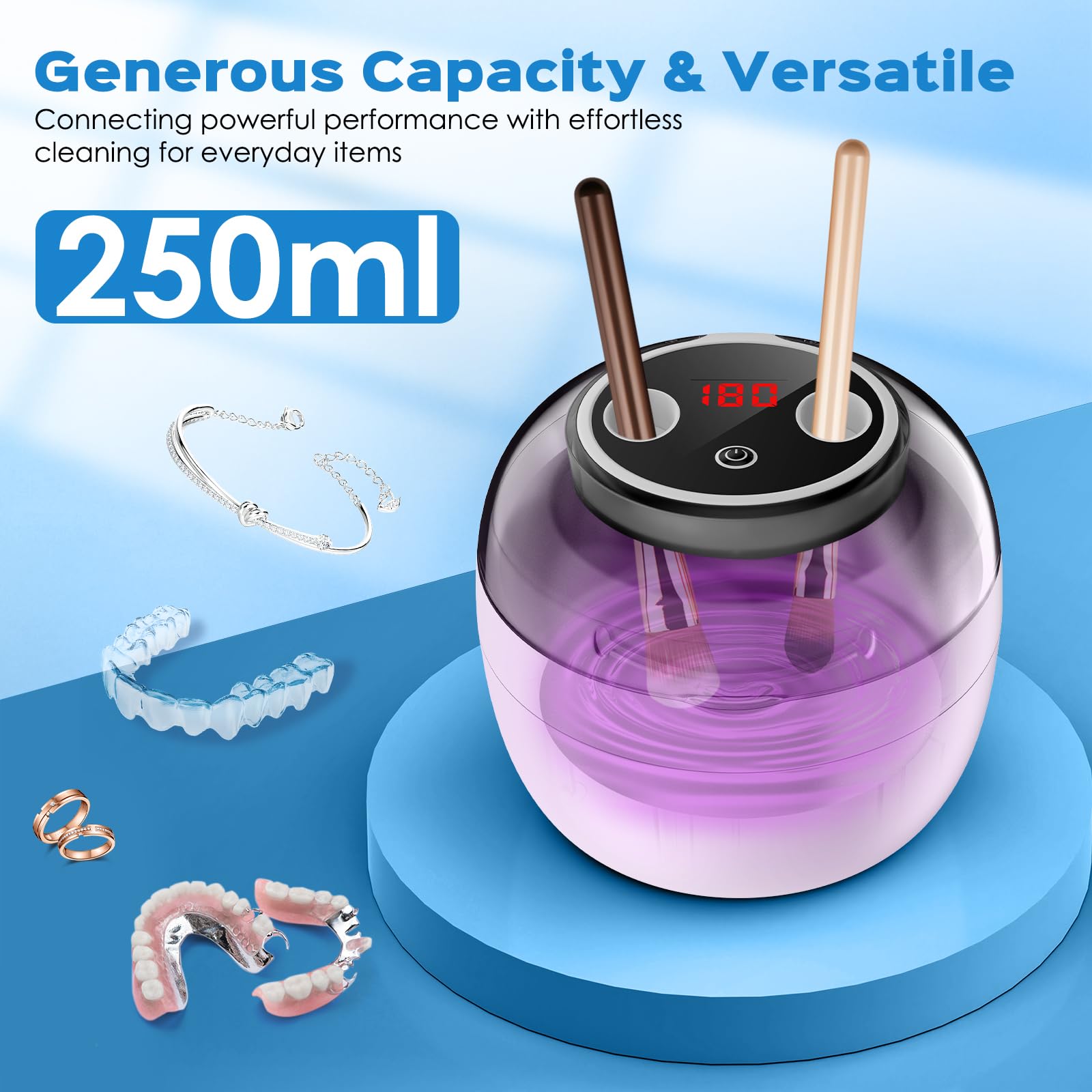 Nettoyeur Ultrasons 50000Hz avec Lampe UV, 4 Réglages de Temps pour Prothèses Dentaires, Bijoux