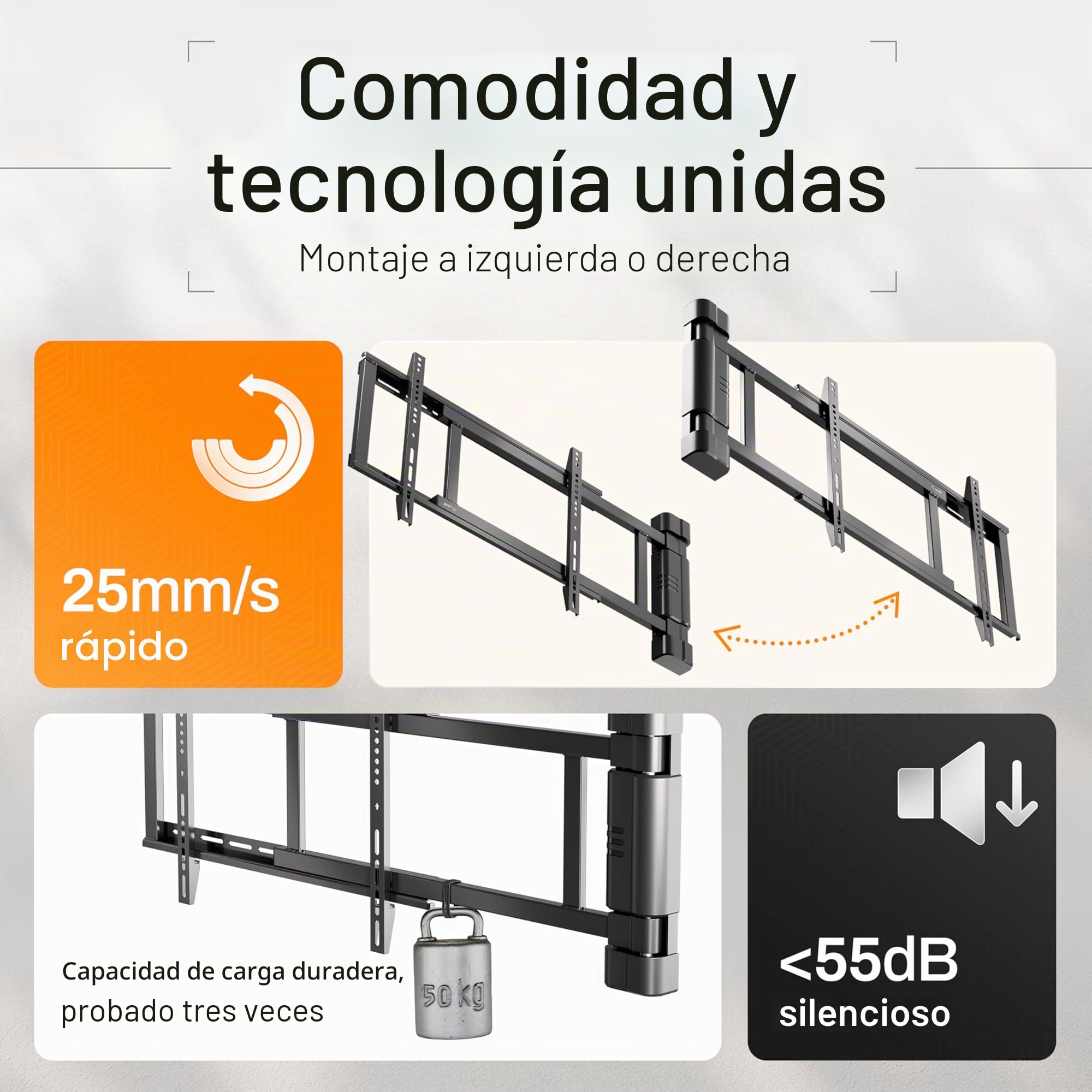 EasyLife Soporte de Pared para TV Eléctrico y Giratorio hasta 170°, Soporte VESA hasta 600×400 para TV LCD/OLED/Curvo, Monitores, Pantallas y Smartboards de 32 a 75 Pulgadas y hasta 50kg máx - Negro