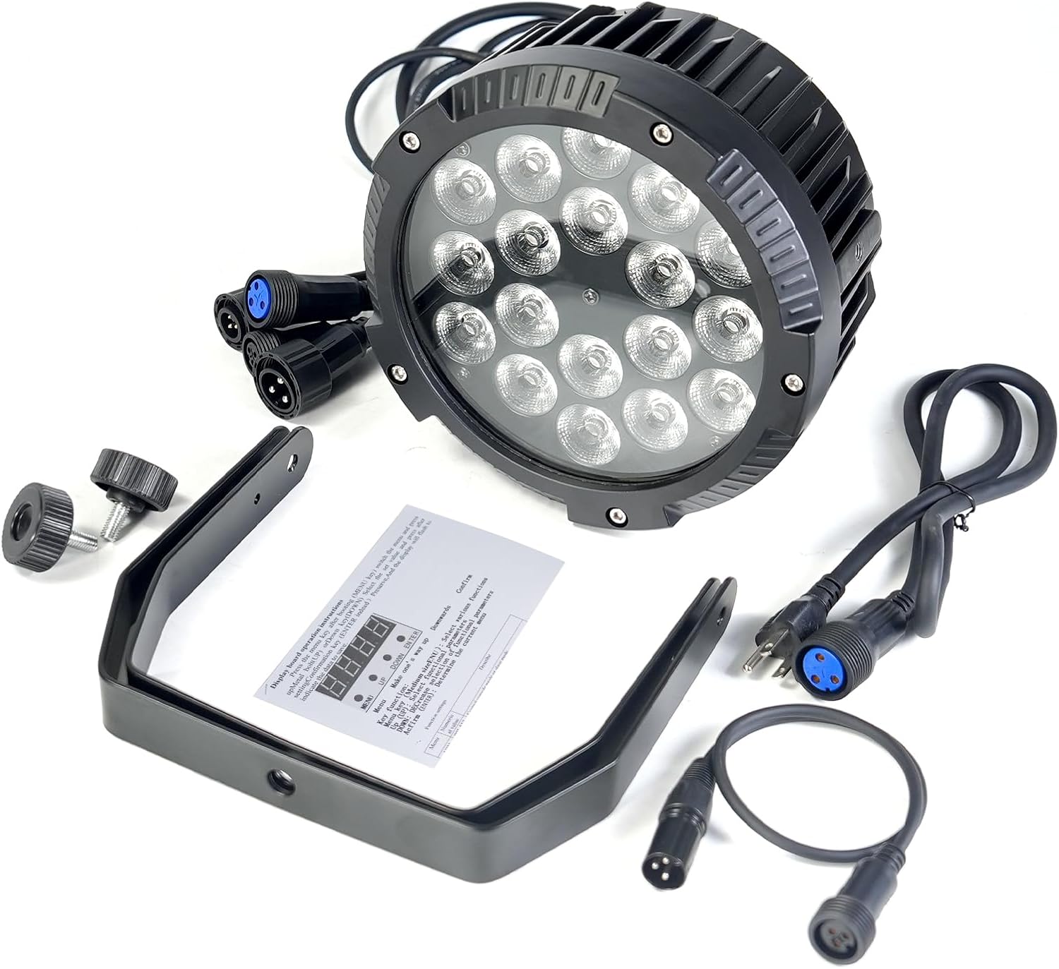 Components of the Iverens LED Par Light including the light fixture, cables, and mounting bracket.