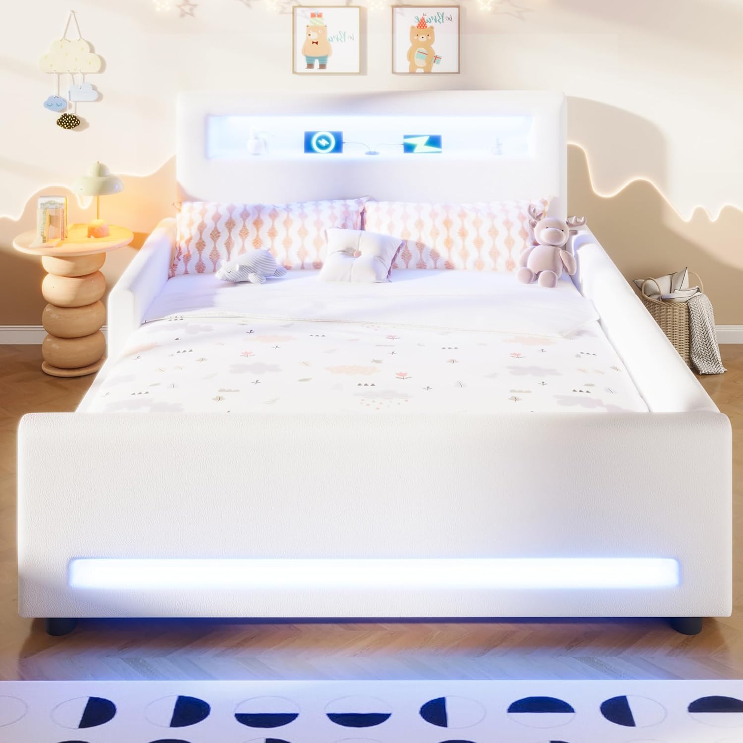 Full Size Soft Bed with Storage Drawer, LED Light and USB Charging, PU Leather Upholstered Platform Bed Frame with Shelf Headboard and Fence for Kids Boys Girls, White