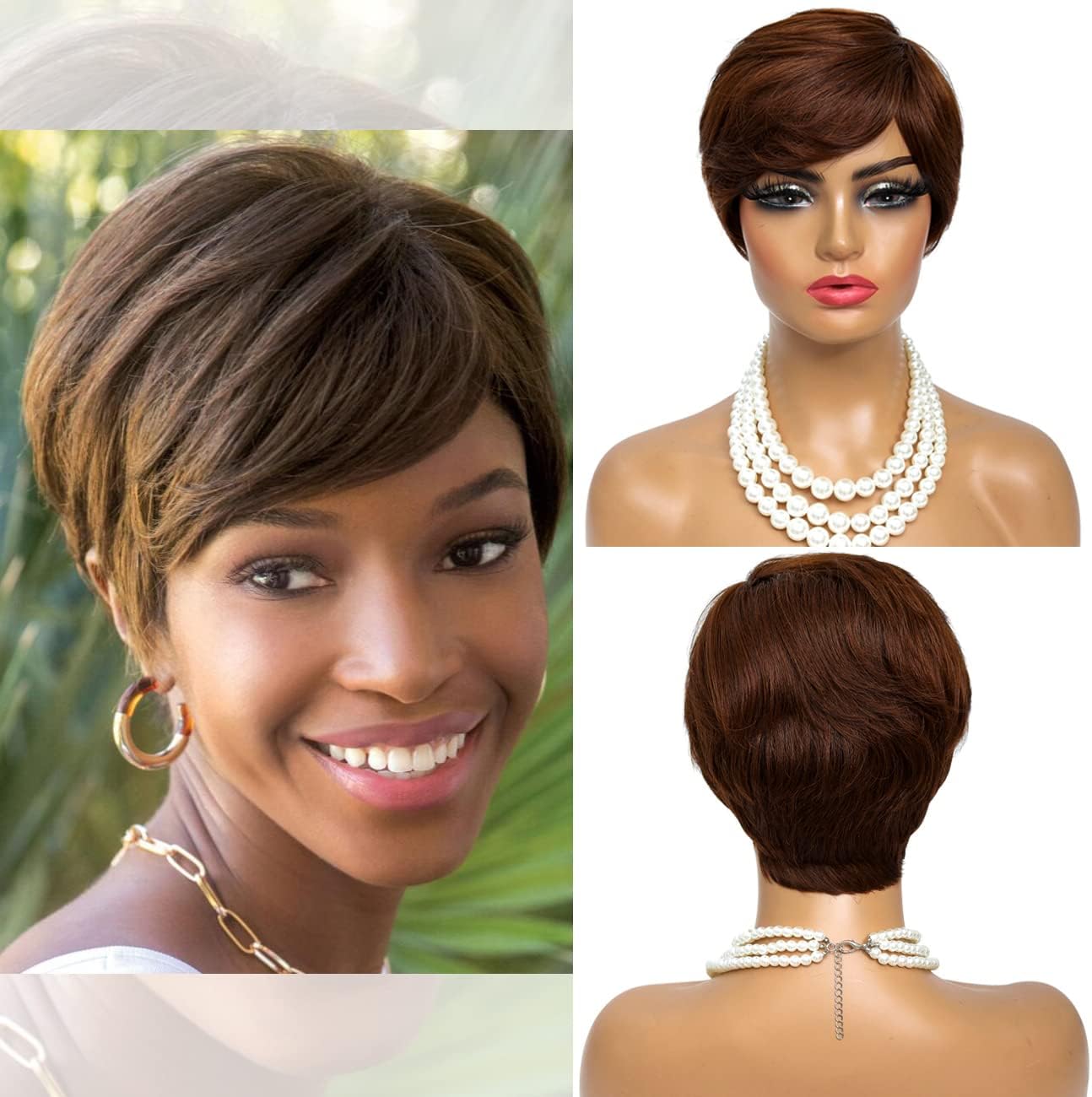 Yonova Brown Pixie Cut Wigs Human Hair Layered Side Long Bangs Pixes