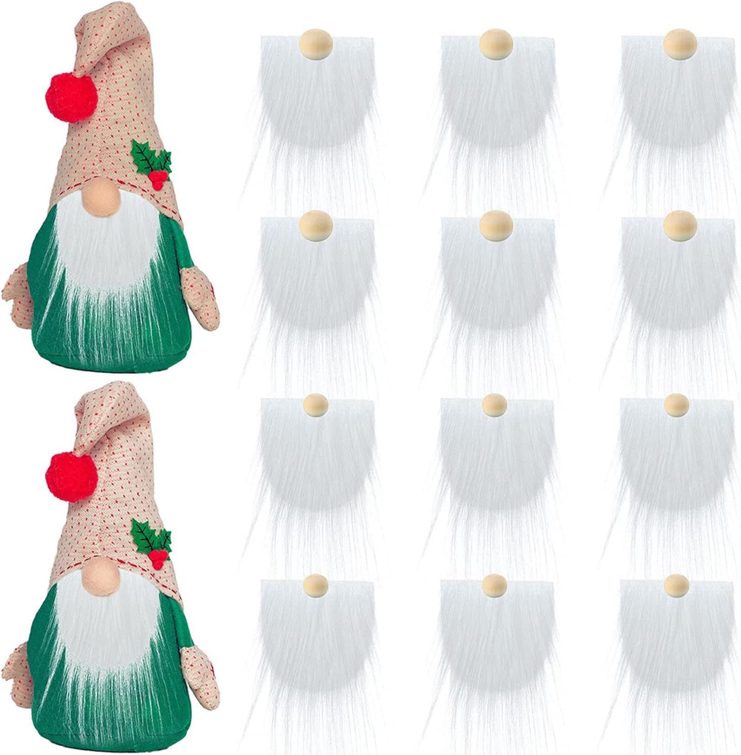 JIEOU Christmas Gnome Beard, 12 Pieces Precut Faux Fur Gnome Beard with Round Wooden Balls