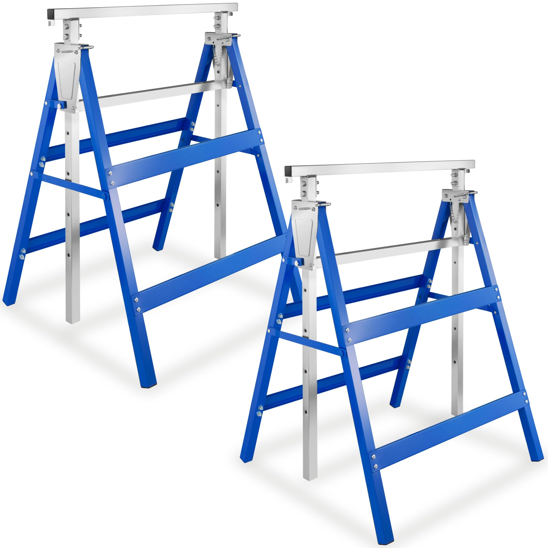 tectake® Set of 2 Telescopic Trestles with 7 Height Settings, Folding Workbench for Easy Storage & Transport, Robust Steel Saw Horse Pair with 220 kg Load per Trestle, 68.5 x 56.5 x 79.5 cm - Blue