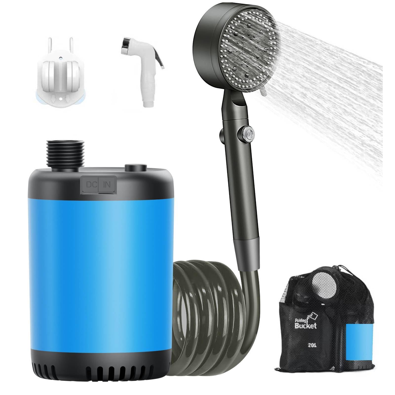 Portable Camping Outdoor Shower, 10000mAH Rechargeable Electric Shower Pump Intelligent Digital Display 5 Shower Modes & IPX8 Waterproof for Hiking, Travel, Car, Pet Bath, Beach, RV, Boat (Blue)