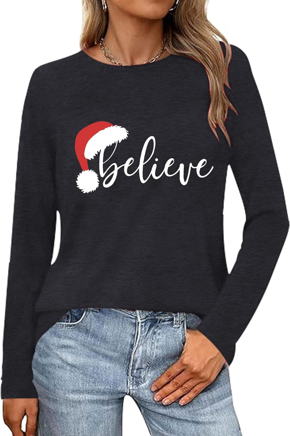 Merry Christmas Shirts for Women Funny T-Shirts for Women Crew Neck Xmas Long Sleeve Multiple Graphic Tee Tops